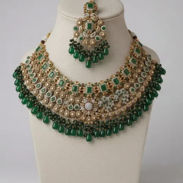 regal emerald & polki bridal jewelry set – comprehensive 5 piece wedding collection with choker, earrings, maang tikka, passa, and bridal nath