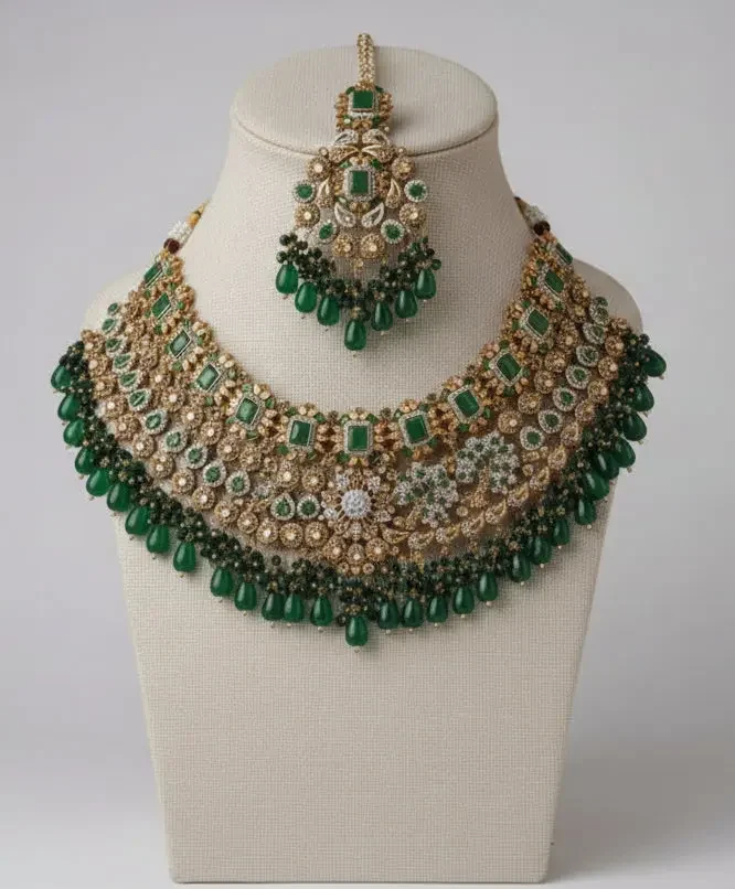 regal emerald & polki bridal jewelry set – comprehensive 5 piece wedding collection with choker, earrings, maang tikka, passa, and bridal nath regal emerald & polki bridal jewelry set – comprehensive 5 piece wedding collection with choker, earrings, maang tikka, passa, and bridal nath