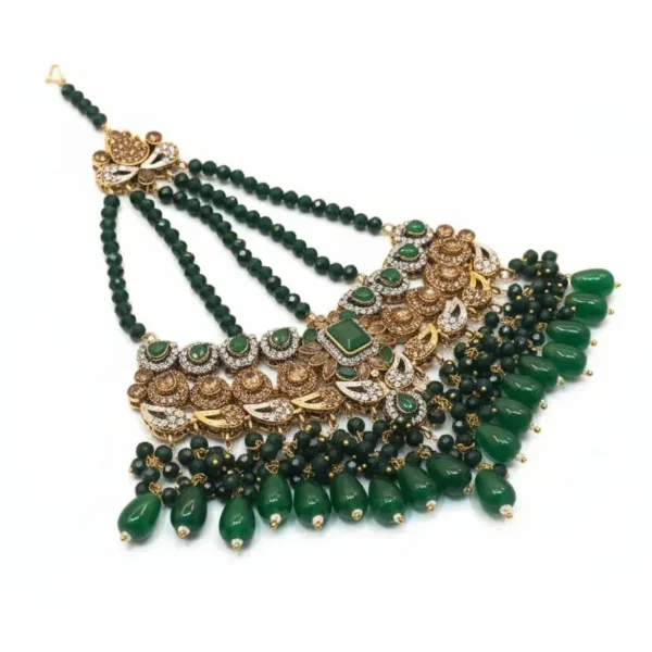regal emerald & polki bridal jewelry set – comprehensive 5 piece wedding collection with choker, earrings, maang tikka, passa, and bridal nath