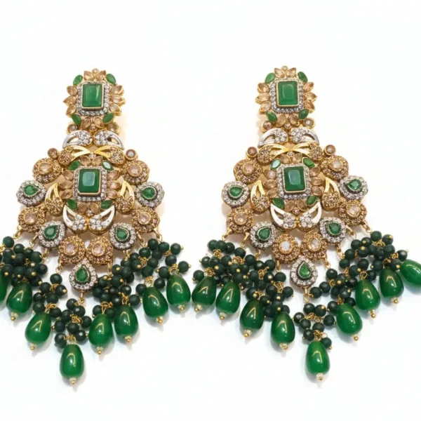 regal emerald & polki bridal jewelry set – comprehensive 5 piece wedding collection with choker, earrings, maang tikka, passa, and bridal nath