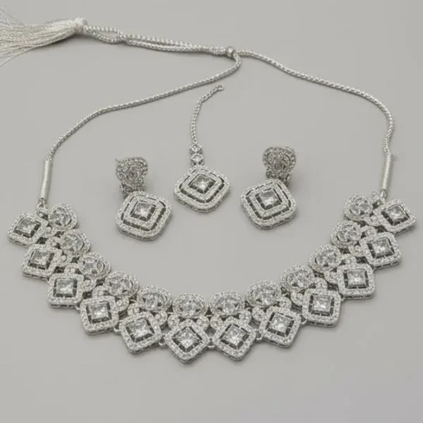 elegant rhodium plated square halo choker set with matching earrings and maang tikka