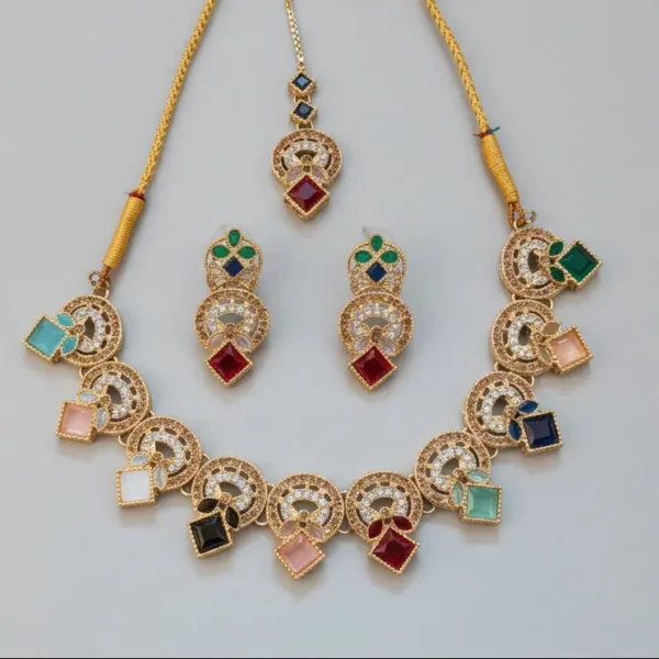 exquisite multi color stone choker jewelry set with matching earrings & maang tikka – gold plated traditional bridal & festive wear