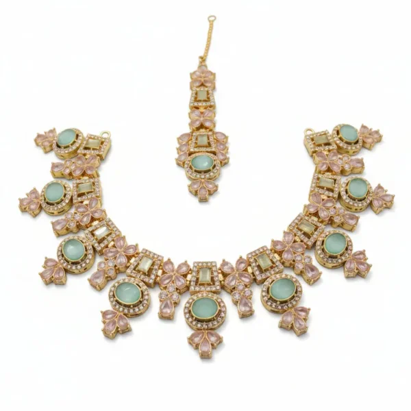 traditional gold tone mint green stone bridal necklace & tikka set