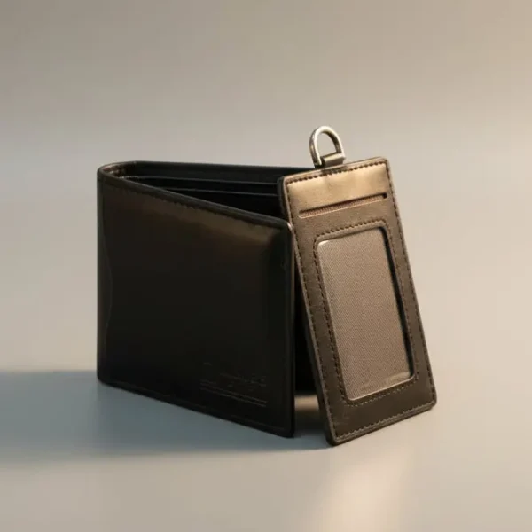 premium black leather bifold wallet with detachable flip out id window & d ring