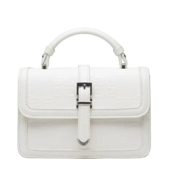 white embossed top handle bag – structured geometric crossbody with silver buckle detail product description: