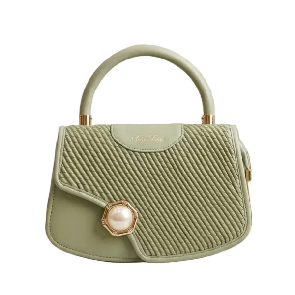 elegant sage green quilted top handle bag – luxury vegan leather handbag with pearl clasp