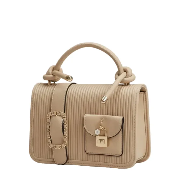 nude ribbed top handle handbag – designer style utility bag with gold chain & padlock detail