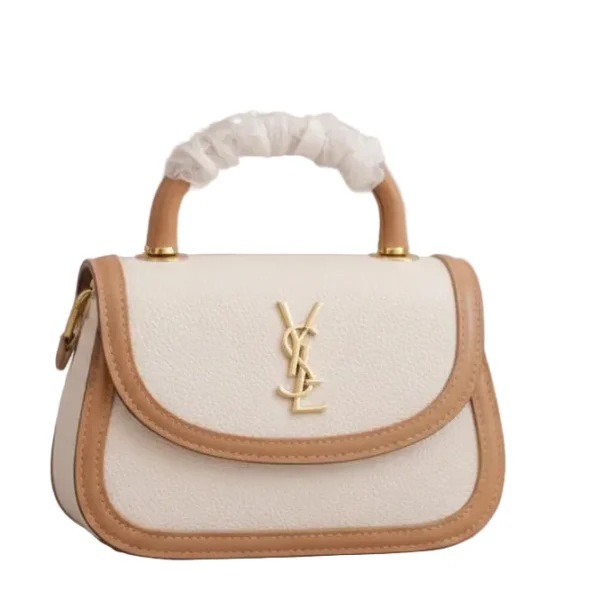 luxury two tone top handle bag – cream & tan crossbody purse with gold monogram logo