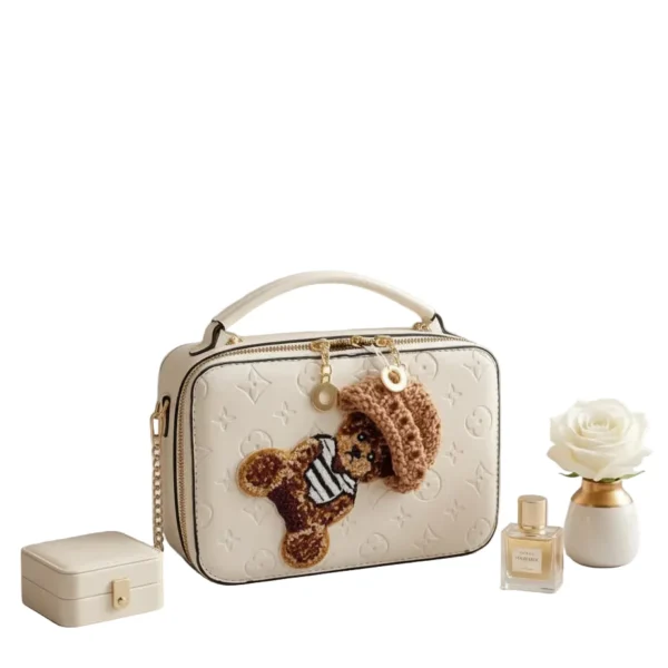 luxury embossed cream bear vanity crossbody bag – chic designer style top handle purse