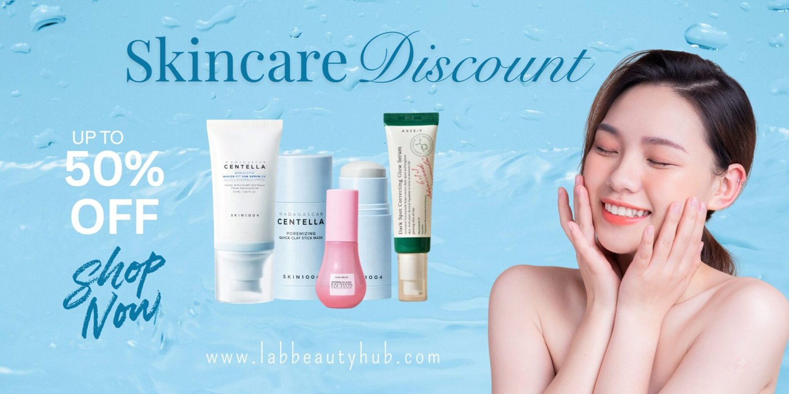 blue white minimalist skincare sale banner